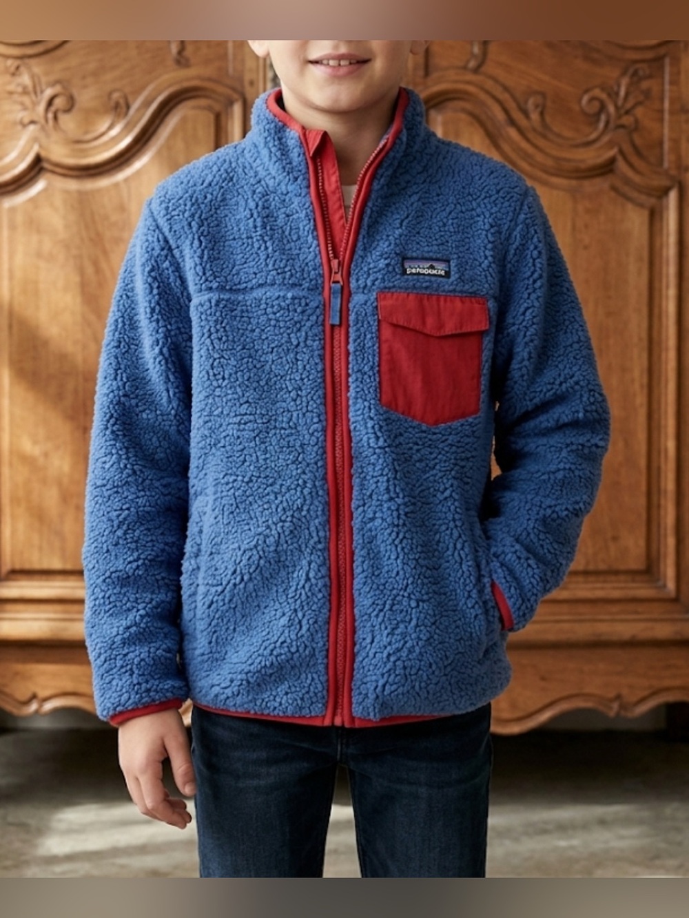 Columbia Chunky Fleece Jacket Mountain Side Blue Red Heavy Full Zip